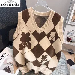 Spring and Autumn Season New Retro Lingge Cartoon Age Reducing Knitted Tank Vest for Women's Outwear Kam Shoulder Top