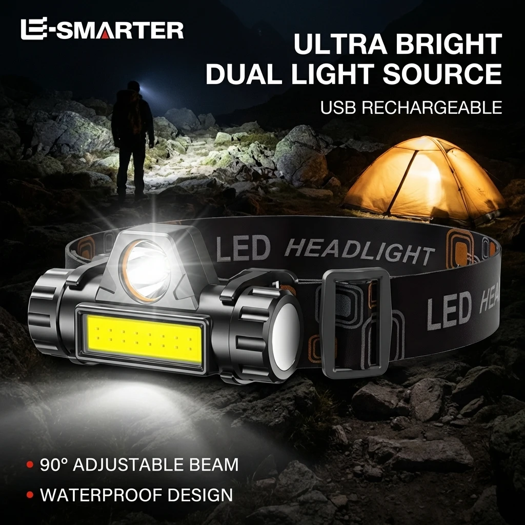 Wiederaufladbare COB-LED-USB-Stirnlampe, stark magnetisch, leistungsstarker Scheinwerfer, superhell, wasserdicht, Stirnlampe für Outdoor-Angeln