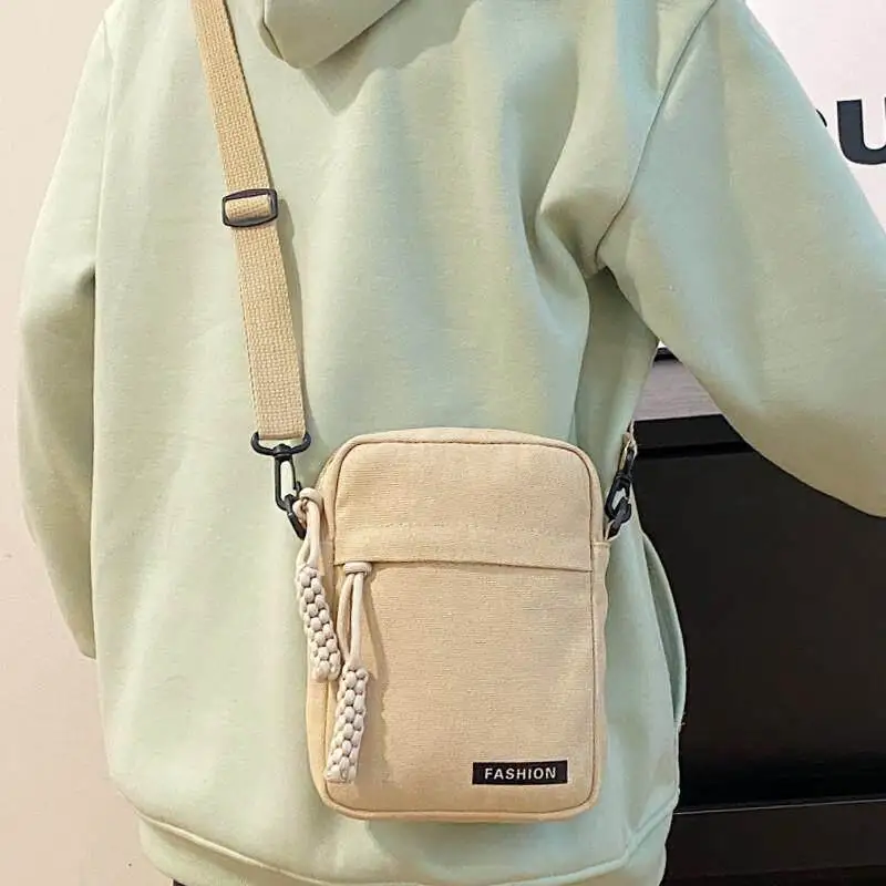 Portable Summer Canvas Phone Bag Ultra Light Small Crossbody Bag for Walking Men's Style Youth Fashion Pure Color Bucket Shape