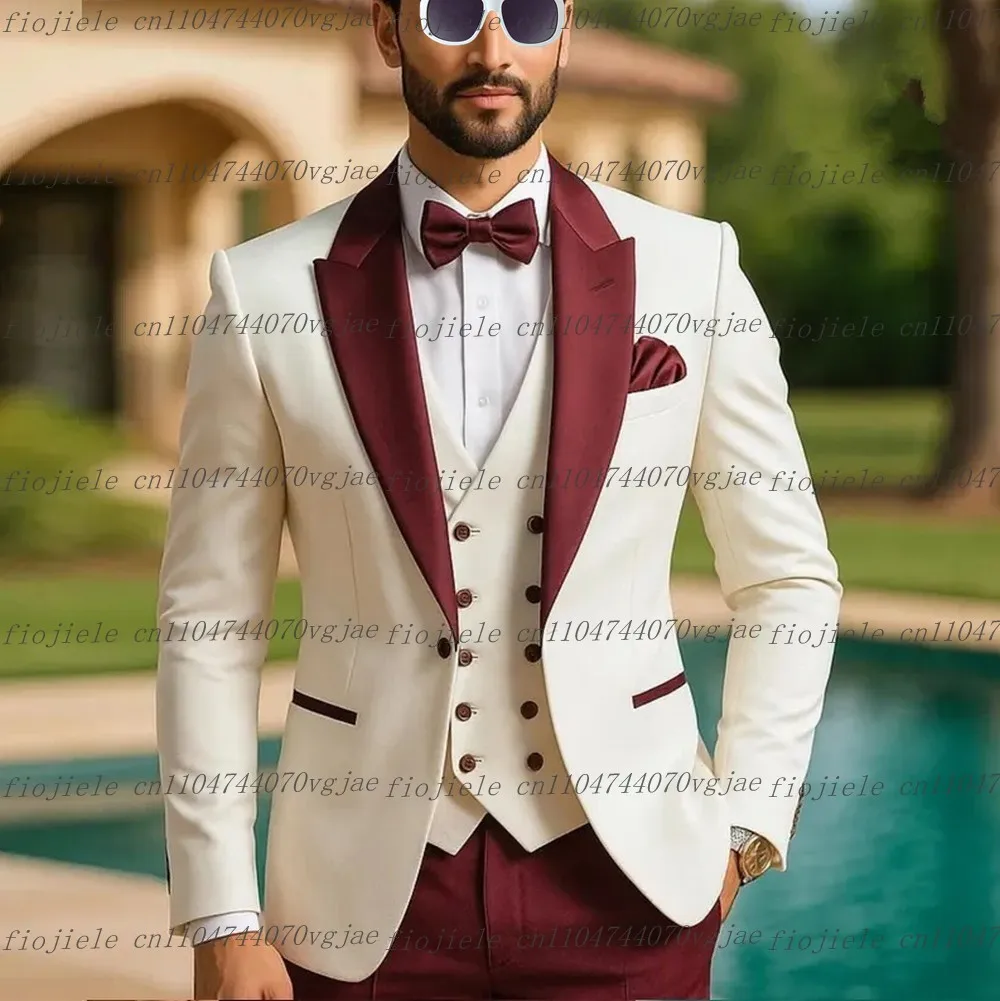 

Бордовый и белый мужской костюм, официальная свадебная вечеринка, жених, жених, деловые мужские смокинги, индивидуальный комплект из трех предметов, куртка, жилет, брюки
