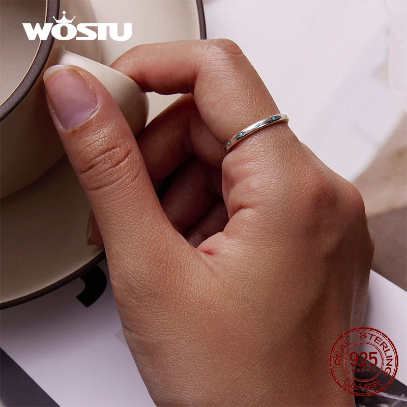 WOSTU 925 Sterling Sliver Turquoise Blue Star Patterns Simple Size Round Rings For Women Female Original Jewelry CTR240