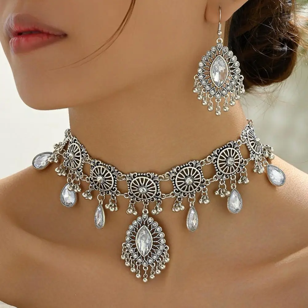 

1 Necklace Earring Set Rhinestone Trim Drop Bohemian Cutout Ball Party Wedding Party Bridal Jewelry Set