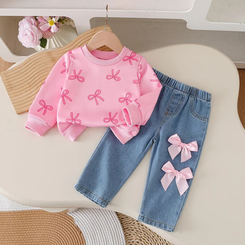 

New Spring/Summer Cute Round Neck Tops for Babies and Toddlers+Bow-tie denim two-piece set