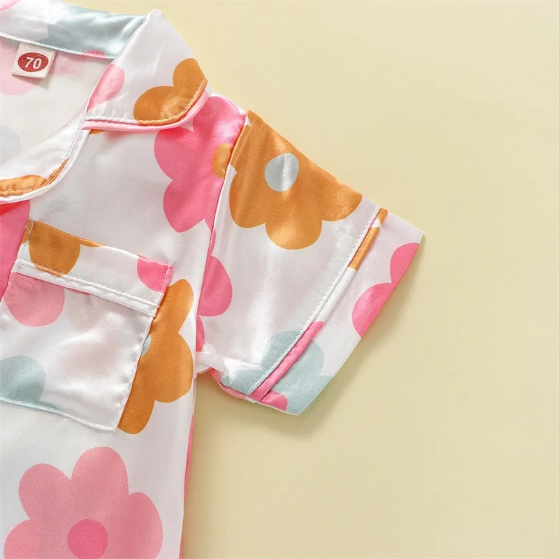 Kid Girl Summer Pajamas Set Short Sleeve Lapel Neck Floral Print Buttons Tops + Loose Short Pants