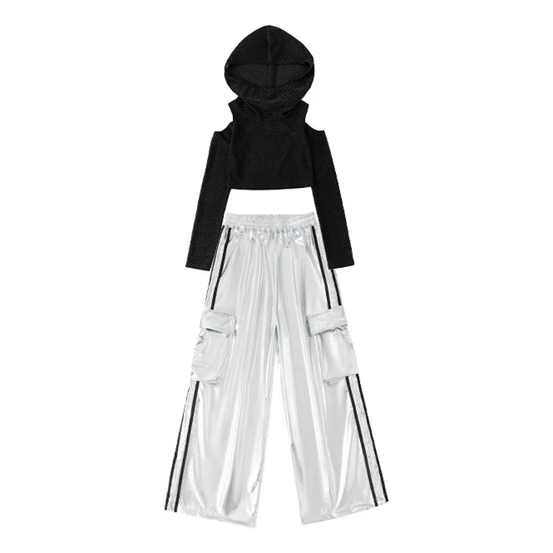 Ropa informal estilo Hip Hop para niñas, baile Kpop, Top negro con capucha, pantalones Cargo, conjunto de ropa de traje de baile de Jazz para niños