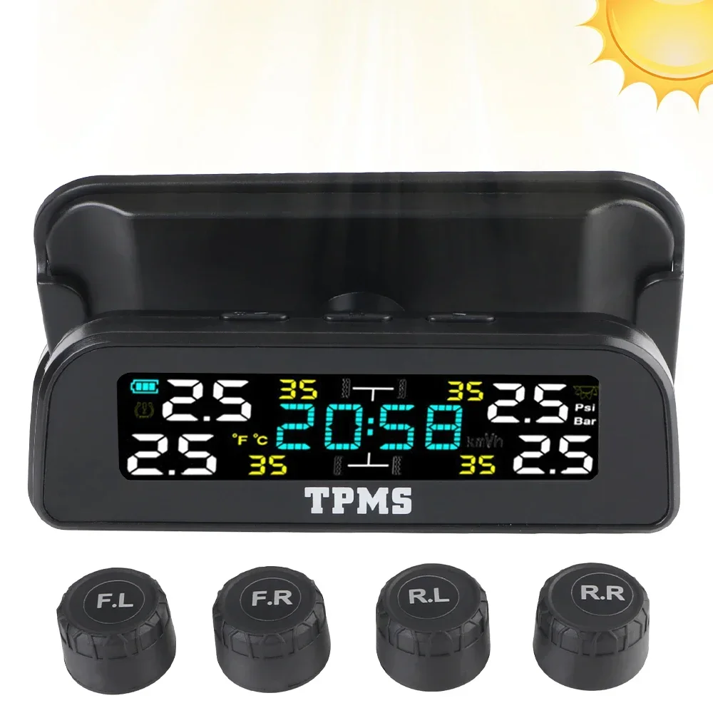 

0-3.5Bar Digital Clock Car Tire Pressure Monitoring System Solar USB TPMS Rotating Holder T12 Temperature Warning Fuel Save