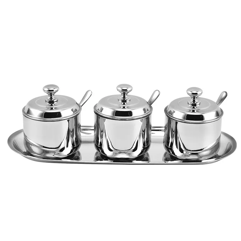 304Stainless Steel High-Grade Seasoning Jar Spherical Set Three-Piece Set Seasoning Containers Kitchen Sucrier Sugar Bowl Condim