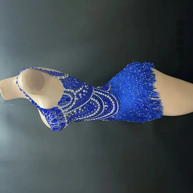 Body con flecos y diamantes de imitación azules para mujer, traje para Bar, club nocturno, Dj, Ds, Rave, trajes de baile Gogo para fiesta, ropa de baile en barra para escenario