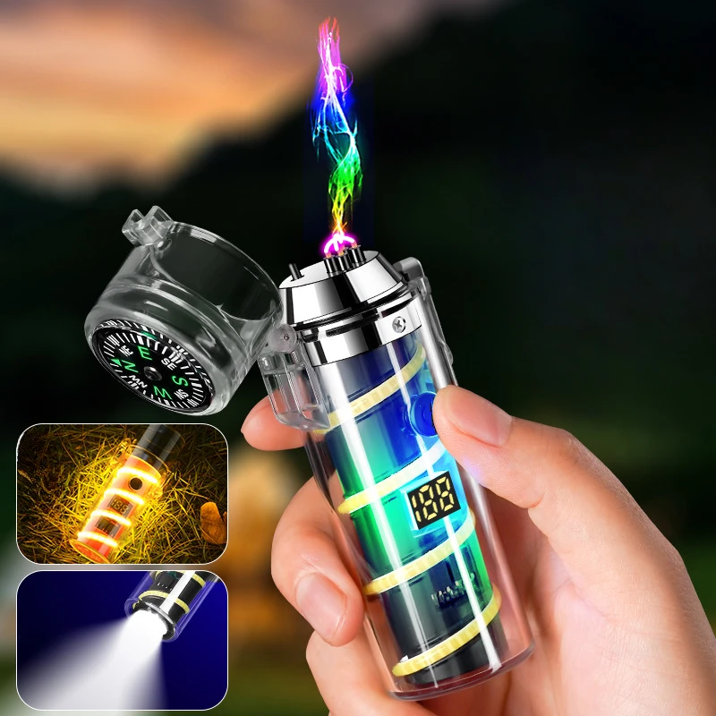 Waterproof Dual Arc Lighter Multi-Function Compass Rechargeable Lighter Dream Atmosphere Light High-Bright Lighting Gift