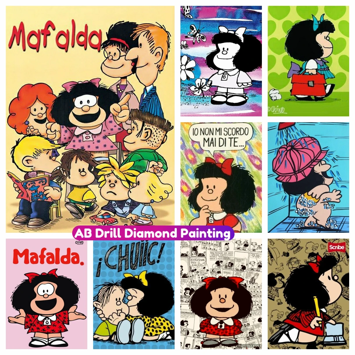 Mafalda Classic Cartoon Cute AB Diamond Painting Rhinestone Art Cross Stitch Kit Mosaic Embroidery 5D Handmade Craft Home Decor