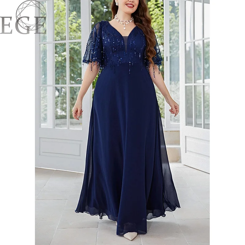 V Neck Royal Blue Sequins Shiny Plus Size Wedding Dress 5XL6XL Plus Size Women\'s Chiffon MAXI Party Banquet Short Sleeve Dresses