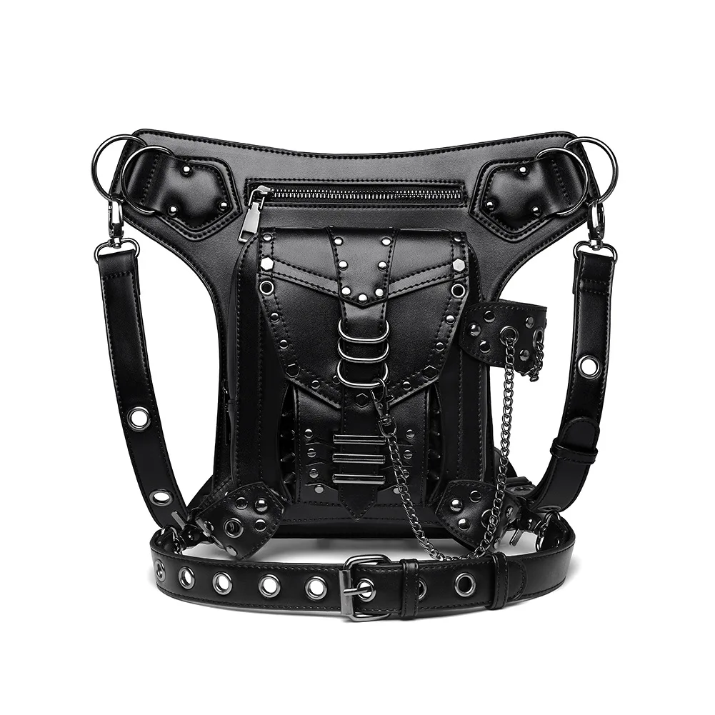 New Steampunk Retro Motorcycle Bag Man Fashion Outdoor Sports Cycling Waist Leg Bags PU Leather Waterproof Rivet Chain Bag Women