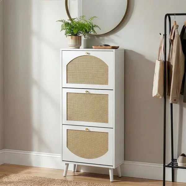 White 3-Tier Shoe Cabinet with Rattan Front 54*24*135 cm Particleboard 54*24*135 cm White