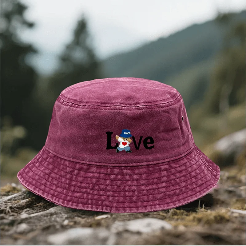 Men' & Women' Distressed Space Bear & Heart Print Fisherman - Adjustable Pull Strap, Lightweight Outdoor Hat Suitable for Street