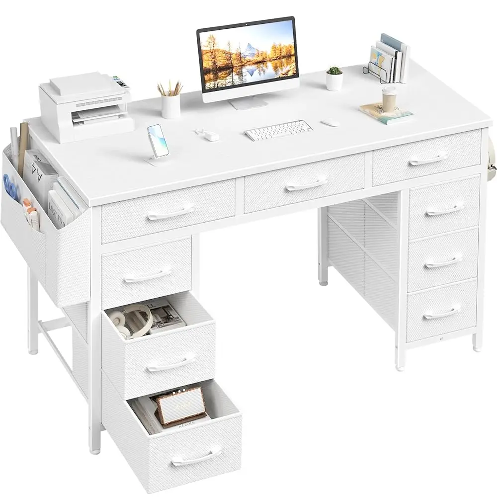 

47 H Computer Desk With 9 Drawers, Office Desk Work Desk For Home Office, Study, Writing, Vanity Desk With Fabric Drawers On
