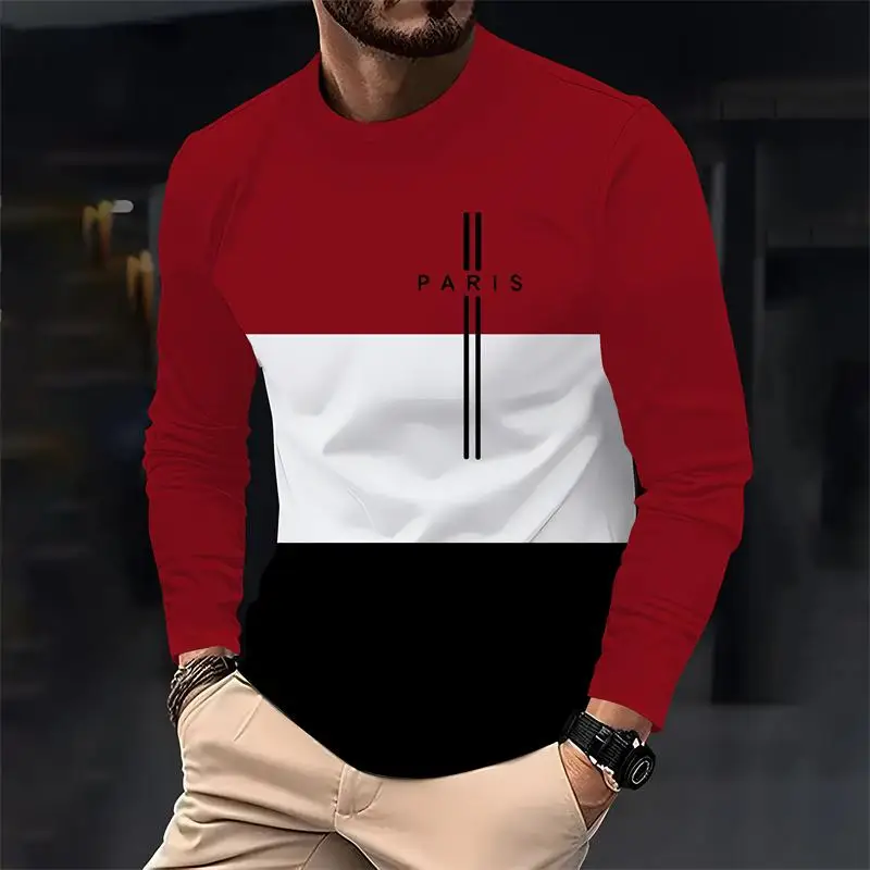 باريس متعدد الألوان الرجال فضفاضة طويلة الأكمام تي شيرت مطبوع موضة Crewneck تي شيرت غير رسمي مريح الرجال الربيع والخريف