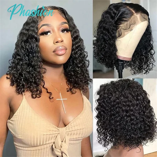 Phashion 13x4 peluca Bob corta rizada profunda pelucas de cabello humano Frontal de encaje de densidad completa para mujeres negras transparente suizo listo para usar