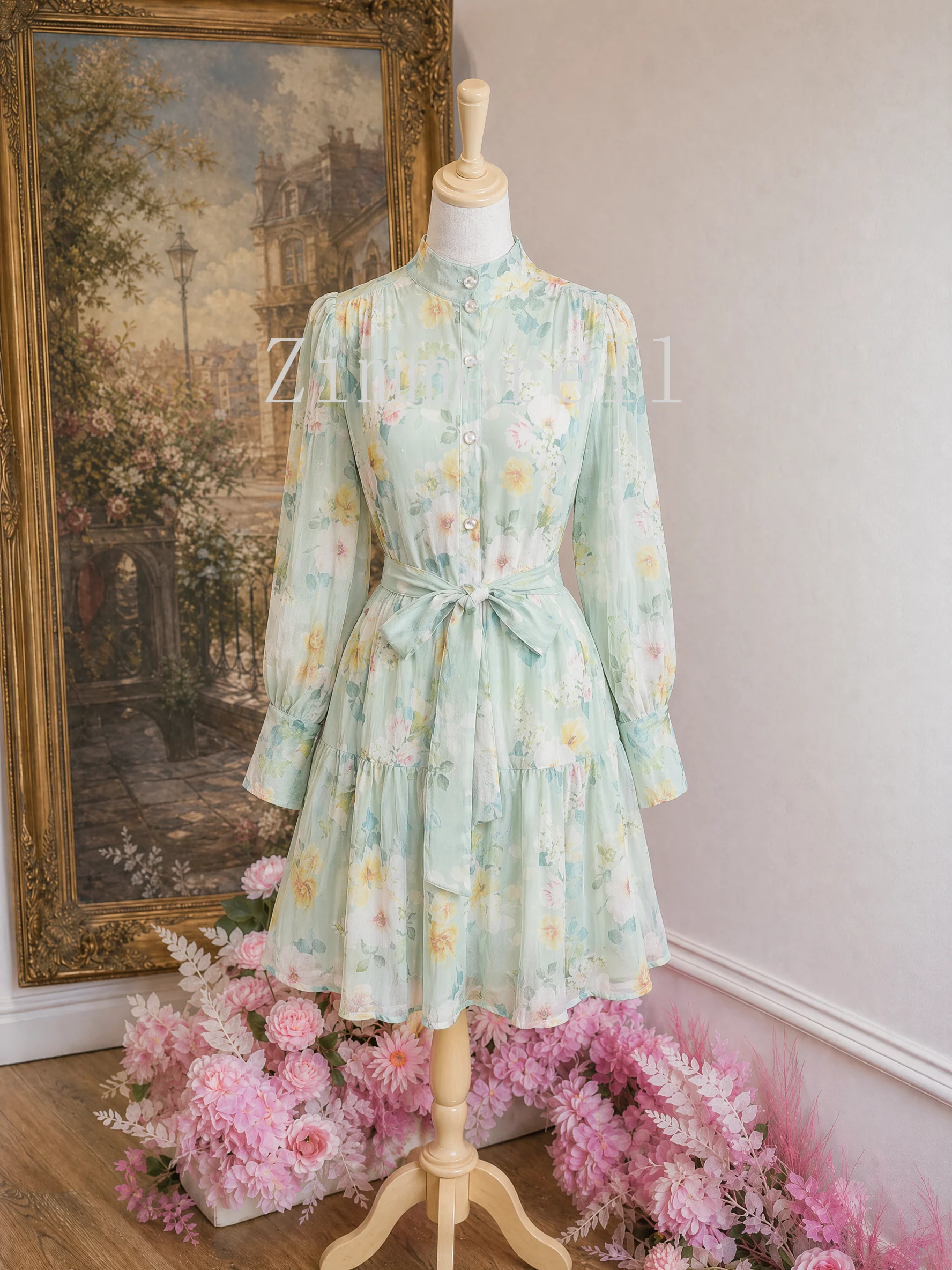 French Elegant Vintage Evening Dress Women's Lantern Sleeve Stand Collar Single Breasted Mini Dress Vacation Printed Party Dress