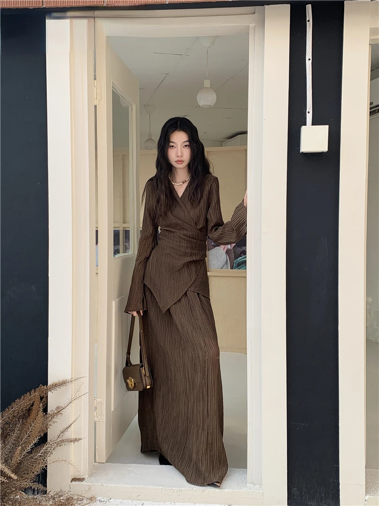 Brown Pleate Elegant 2 Piece Sets Women Outfit V Neck Long Sleeve Cardigan Top And Maxi Skirt Set Fall Clothes