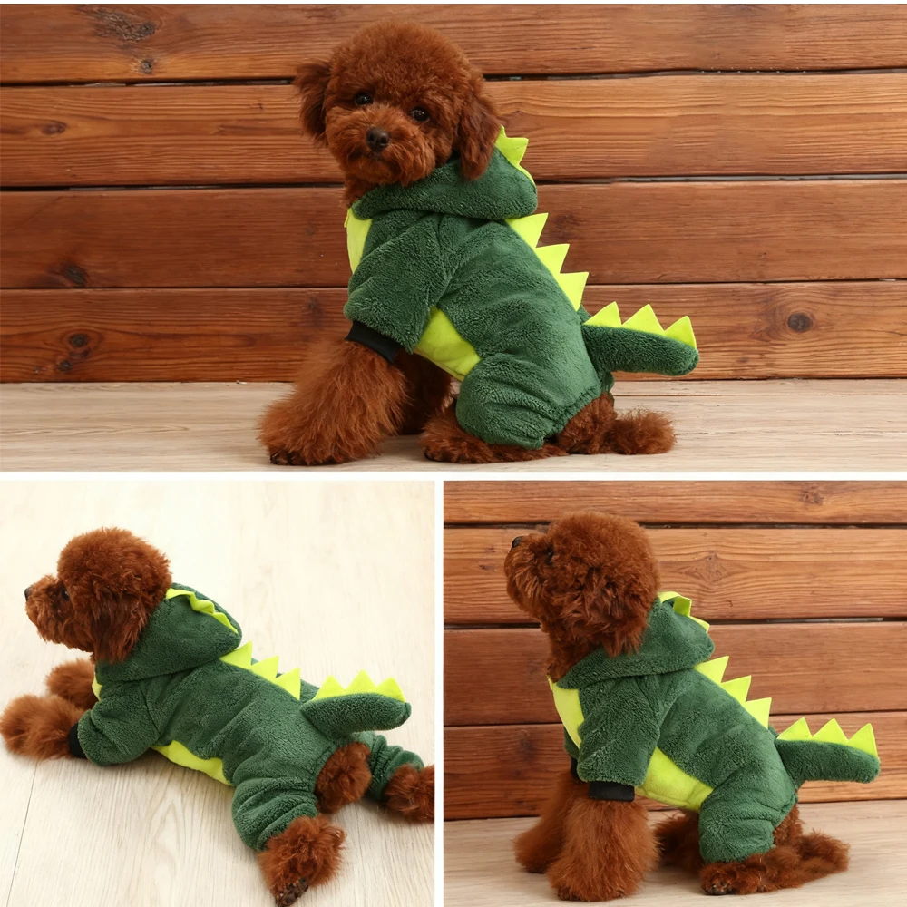 Disfraz de dinosaurio monstruo Premium para mascotas, traje de cuatro patas de felpa bonito de invierno con capucha para perros pequeños y gatos, ropa de moda