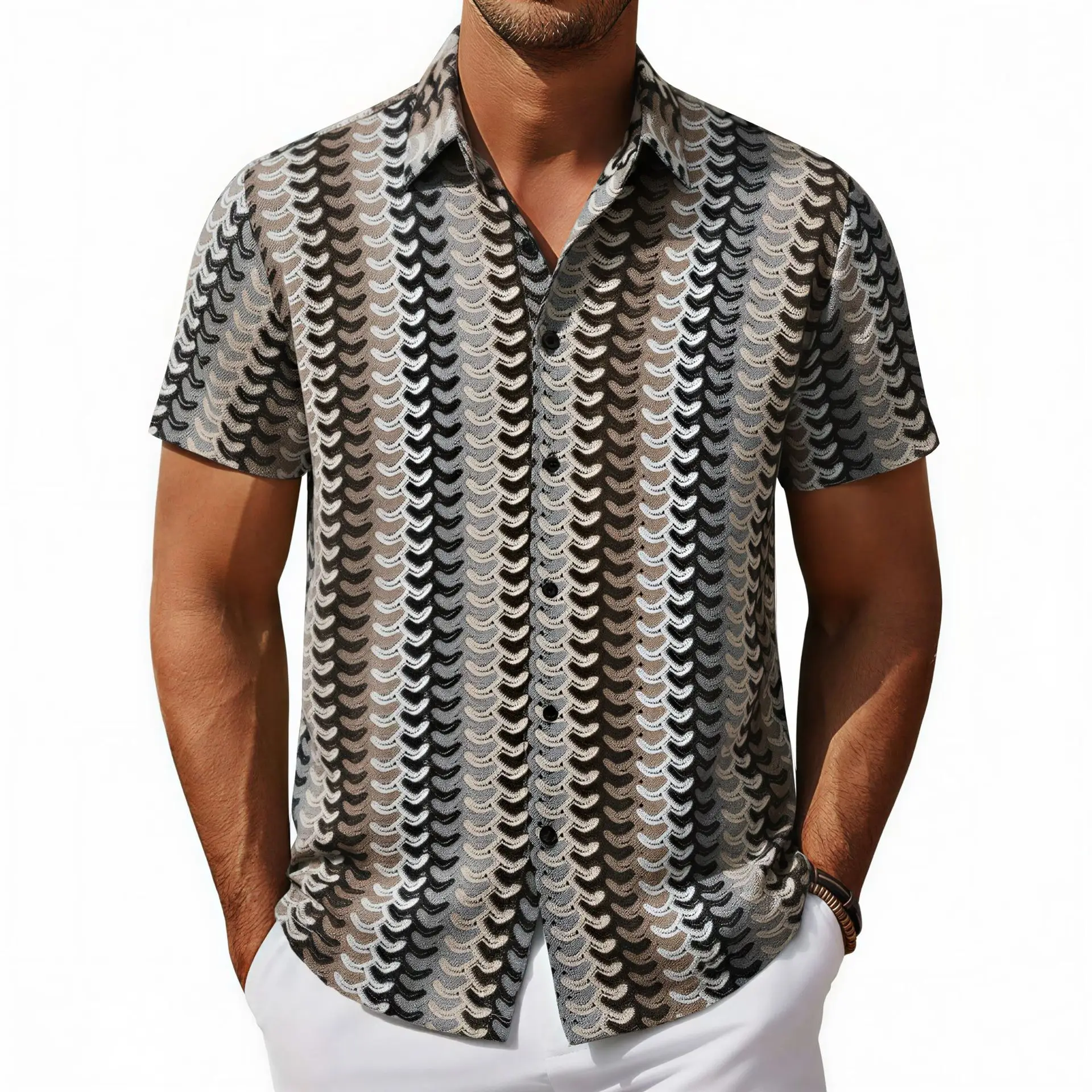 Spring Summer Mens Vintage Striped Knit Cardigan Hollow Out Breathable Lapel Shirt Beach Casual Fashion Tops