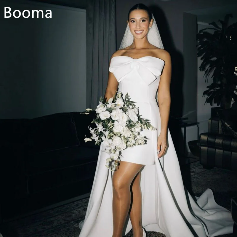 

Booma Simple Wedding Dresses Strapless High/Low Short Satin Bow Brides Gown Sleeveless Customize 2025