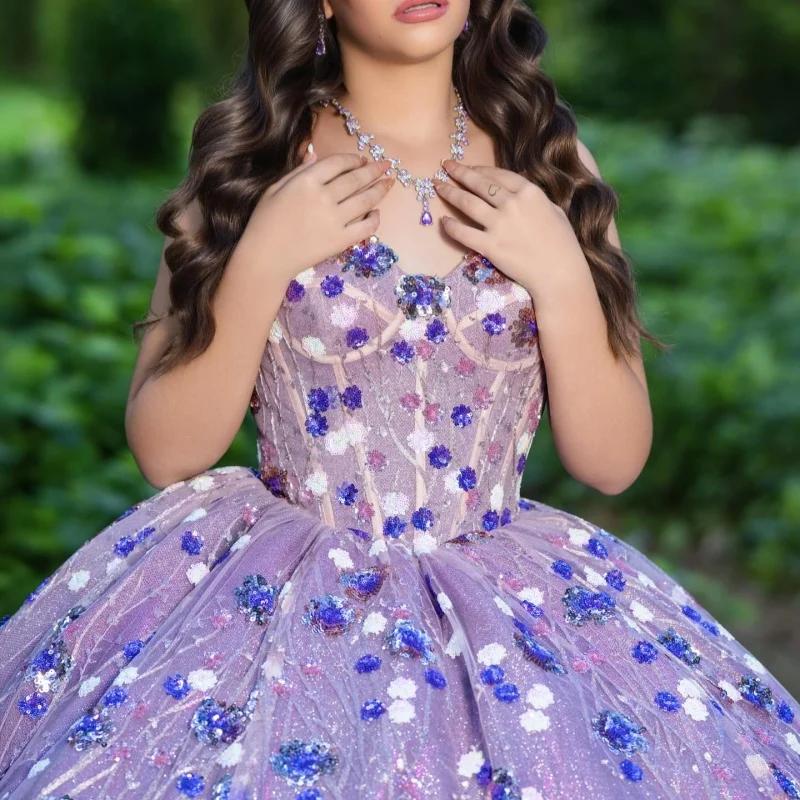 

Shining Purple Quinceanera Dresses Off the Shoulder Glitter 3D Flower Decal Long tail Vestidoe 15 Quinceanera Customize