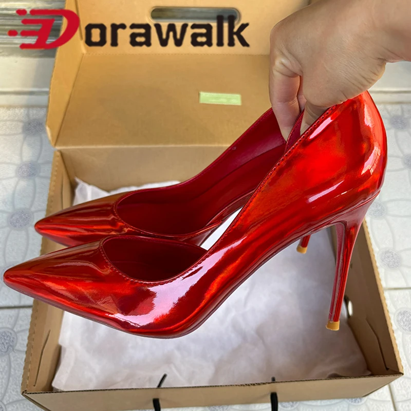 

Woman High Heels Luxury Laser Red Glossy Patent 12cm Pointed Toe Stilettos Side Cut Party Elegant Wedding Ladies Dress Shoes