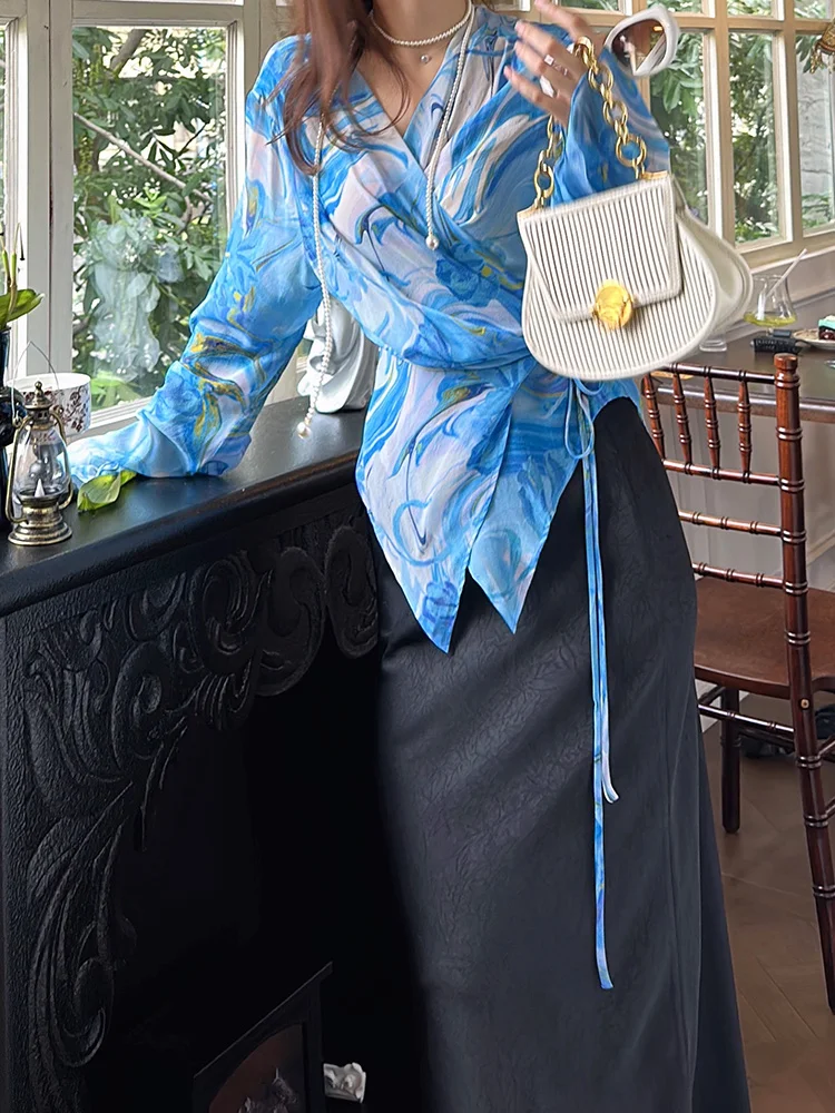

YANGXIAOJING Новинка ранней осени: Элегантный комплект из тонкой шелковой блузки с длинным рукавом и принтом и облегающей юбки для женщин
