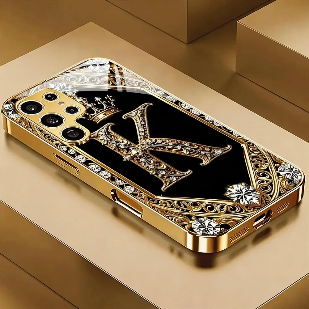 Gold Diamond Decorative Alphabet Tempered Glass Phone Case For Samsung Galaxy A15 A25 A35 A55 A14 A24 A34 A54 Gold plating Cover
