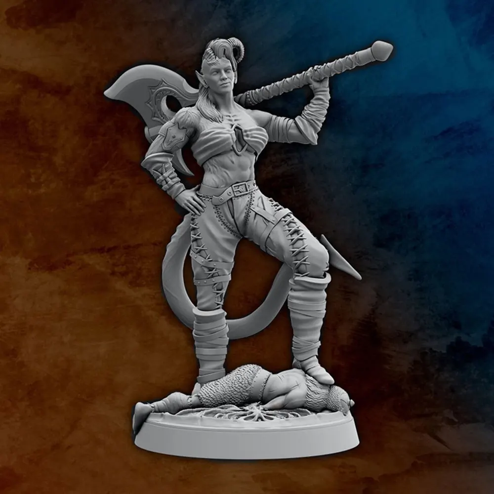 1/24/6 Confident Orc Warrior Holding an Axe, Brave Girl Resin Model Kit, GK3D Printed Gray Model Statue, Unpainted, Unassembled