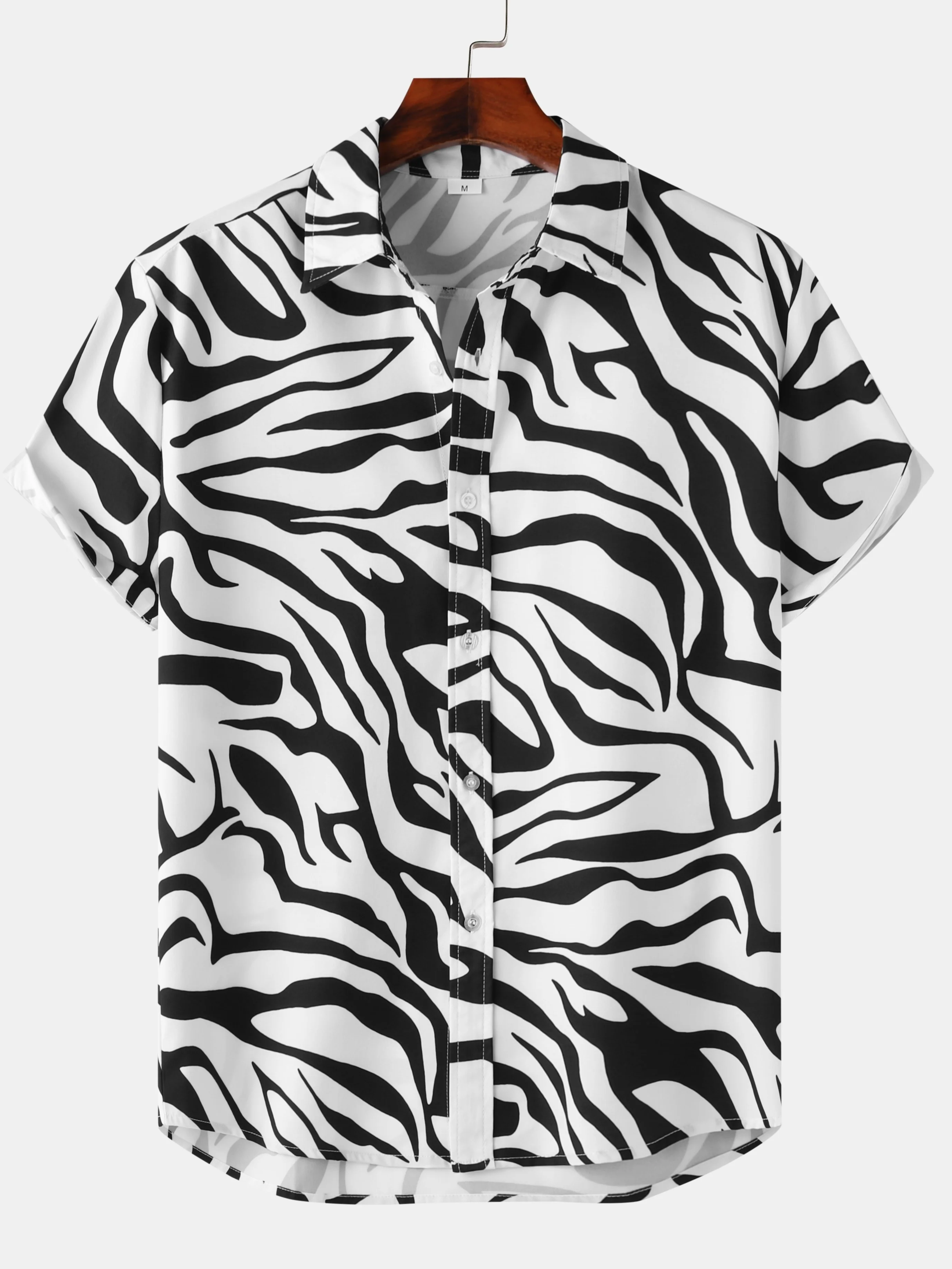 Image of Streetwear-Hemden Schwarz-Weiß Zebra-Tierdruck Lose Lässige Kurzarm-Hemden mit Kragen Herrenbekleidung