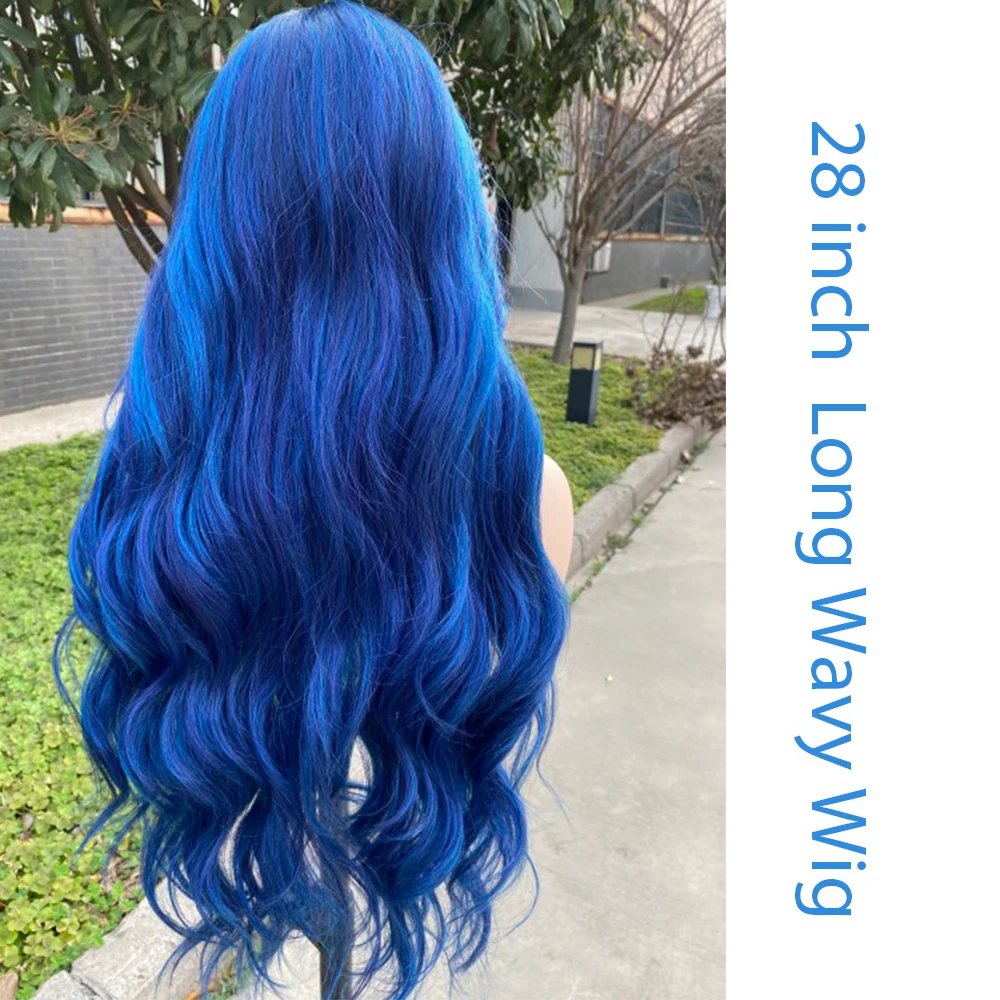 X-TRESS Middle Part Synthetic Lace Front Wigs Ombre Blue Color Long Wavy Natural Wigs for Black Women Fashion Heat Resistant