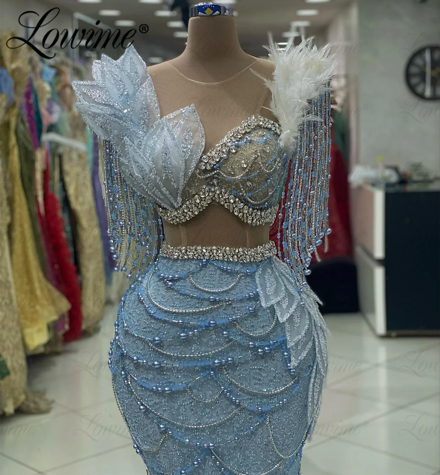 Luxury Sky Blue Party Dress Beaded Crystal Tassel Wedding Evening Dress 2023 Mermaid Long Celebrity Prom Dress Vestido De Fiesta