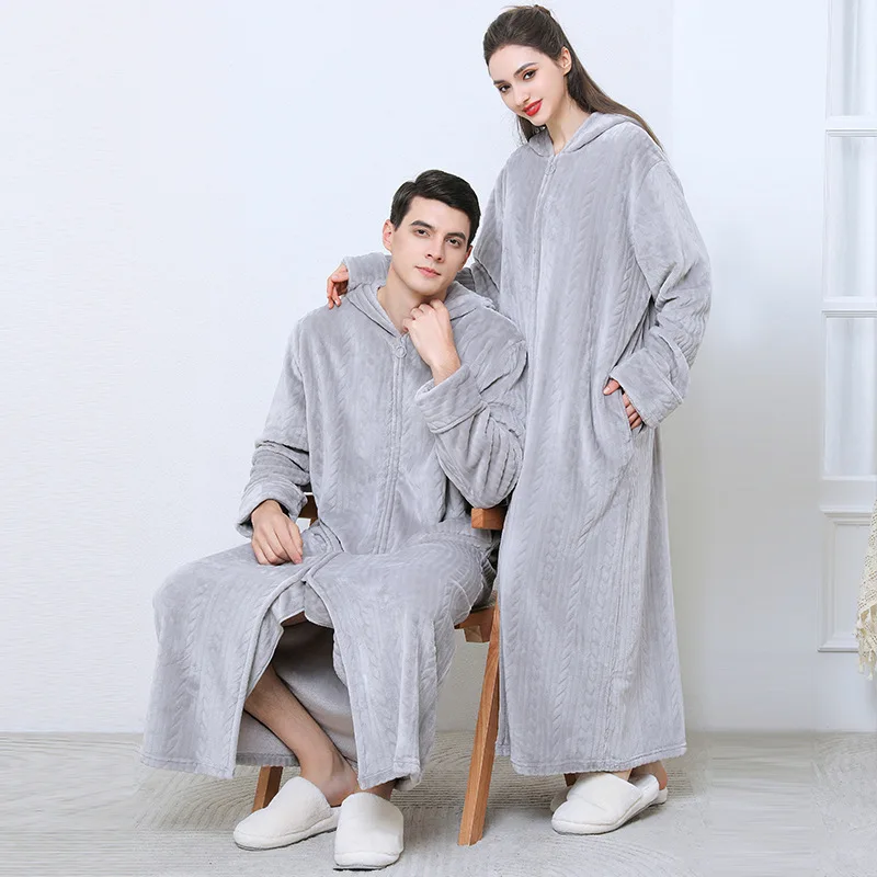 Women\'s Winter Flannel Nightgown Thickened Coral Fleece Long Sleeved Plus Size Hooded Zipper Nightgown Home Wear