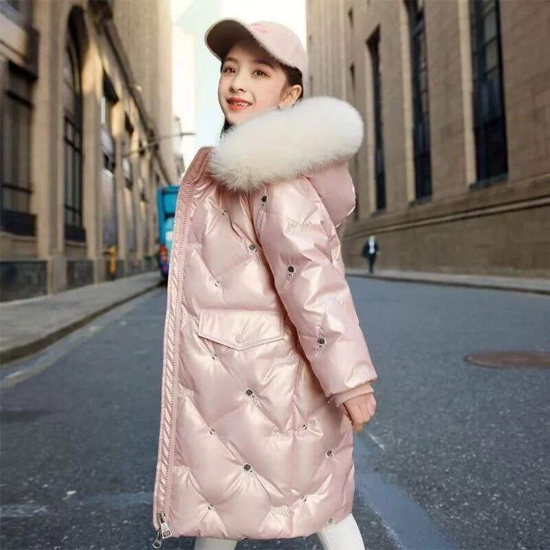 

-30℃ Winter Long Cotton Coats Girls Thick Padded Warm Outerwear Kids Fur Collar Hooded Jackets Clothing Teenage Parka Snowsuit