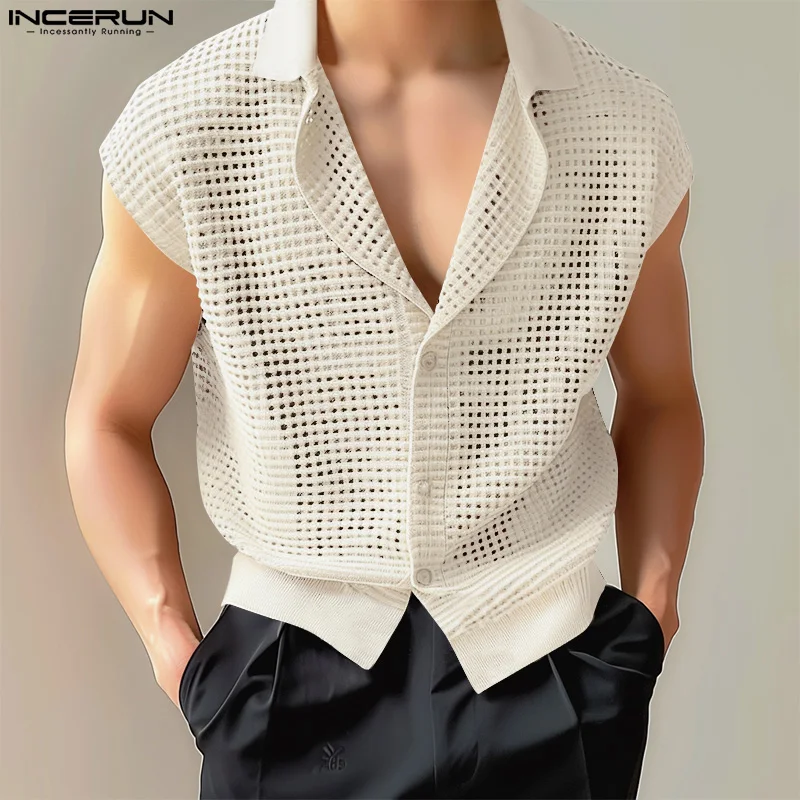 INCERUN Tops 2024 Korean Style Sexy Fashion Mens Hollow Mesh Design Shirts Casual Streetwear Male Summer Sleeveless Blouse S-5XL