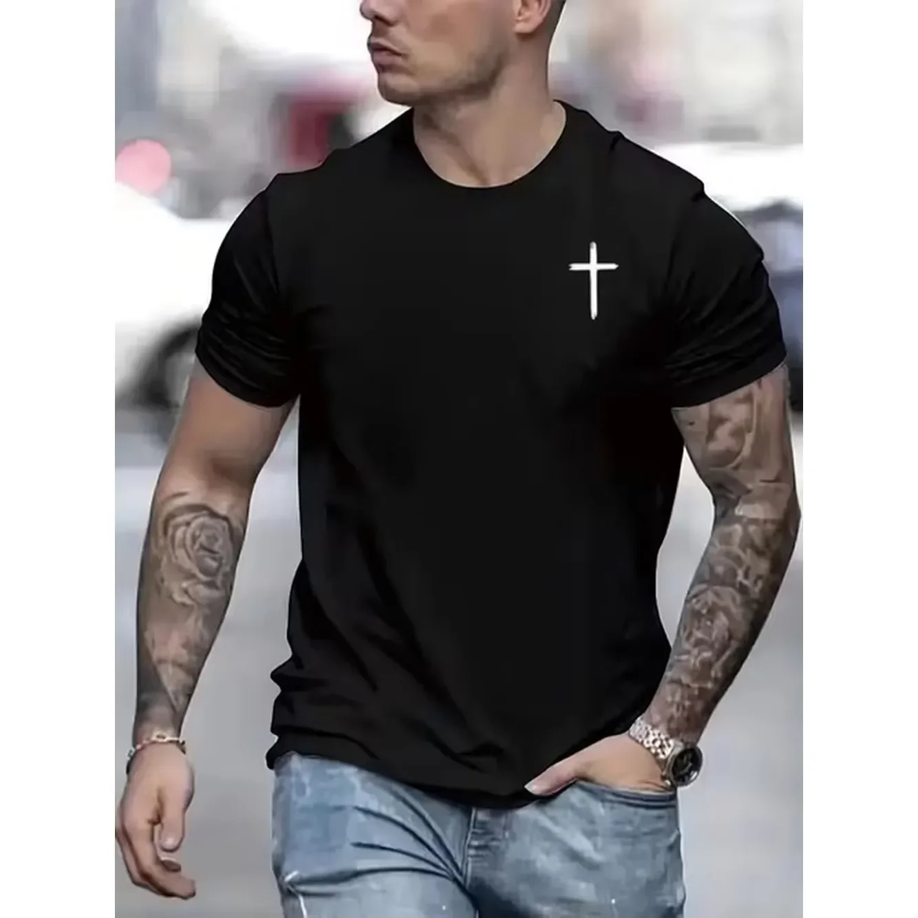 Mens Tshirt Comfortable Crew Neck Casual Cotton Soft Breathable Top Menswear Tshirt Streetwear Cotton Fabric Trendy Letter Print