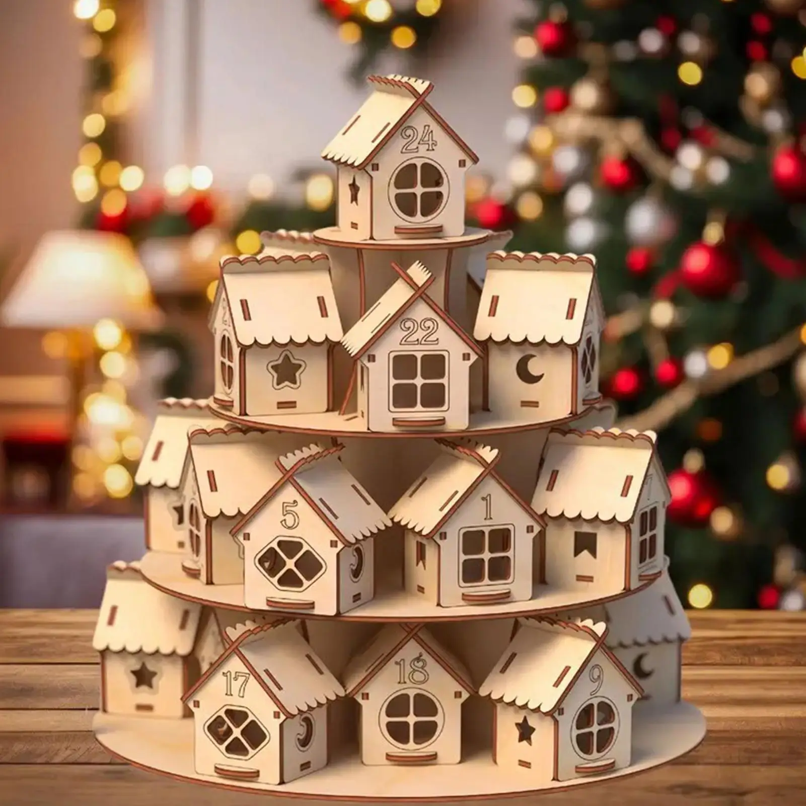 Wooden Christmas House 24 Days Holiday Countdown Wood Xmas Village Mini Houses Christmas Table Centerpieces Holiday Decor