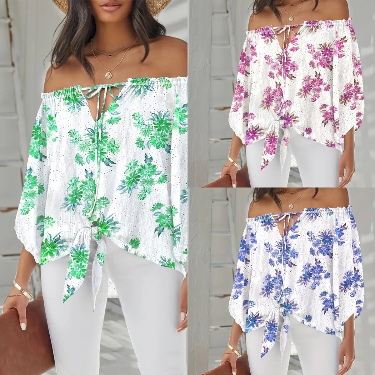 

Женский летний топ из полиэстера с открытыми плечами, рукавами-фонариками и принтом, в европейском стиле