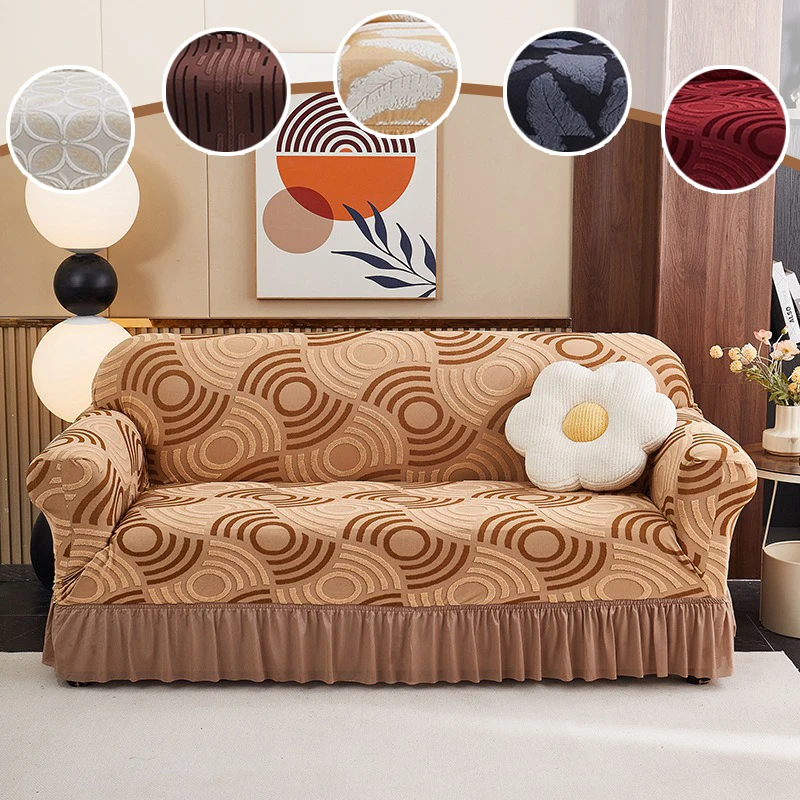 Jacquard Embossed Sofa Slipcover with Skirt European Style Stretch Couch Cover Full Coverage Pet Friendly for Living Room Decor