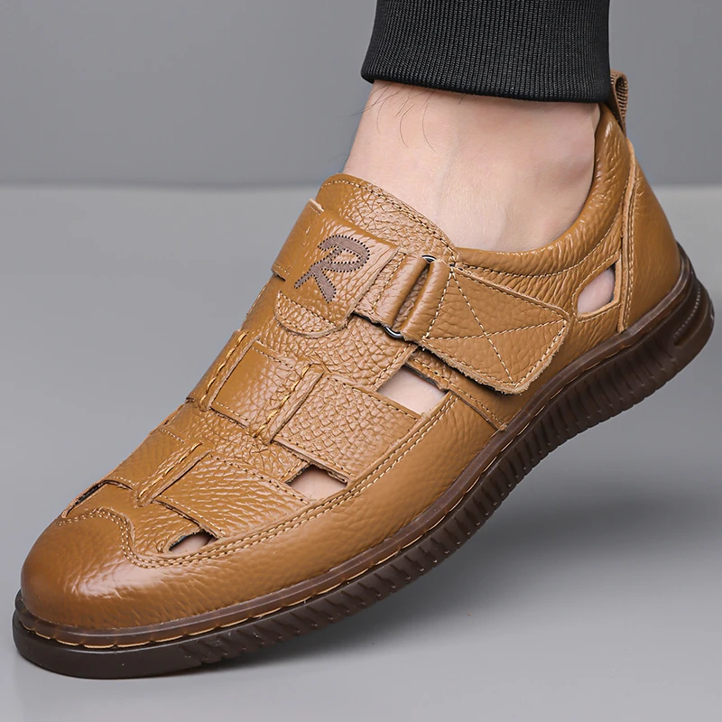 

Летние модные мужские повседневные деловые сандалии, удобная дышащая мужская обувь, кожаные уличные сандалии, нескользящая пляжная обувь с отверстиями