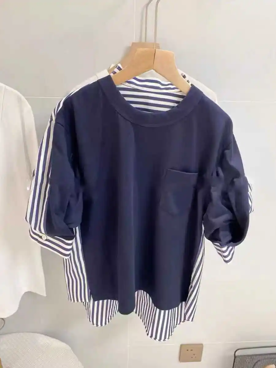 الضباب SACAI 2024 جديد فقاعة Sve المرقعة irt Sle تي شيرت ort Sve المرأة قمة عادية فضفاضة تناسب ملابس الصيف القطن