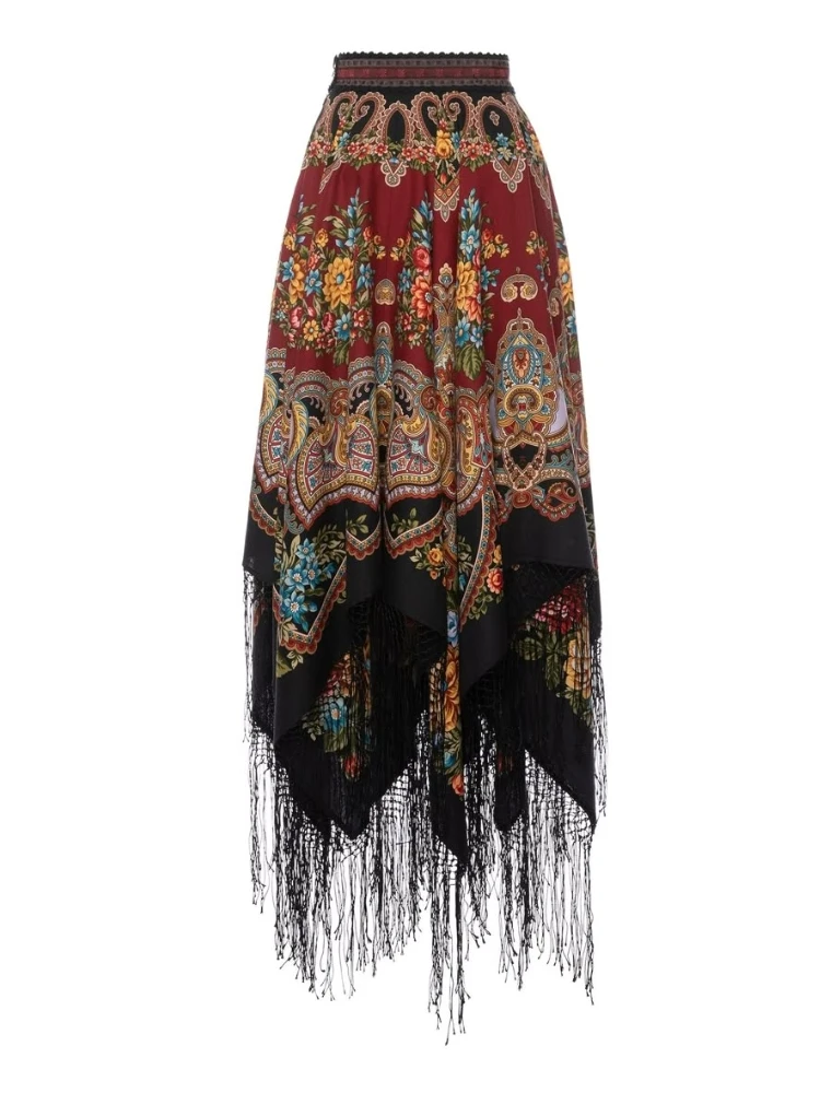 

Ethnic Vintage Floral Print A-Line Skirt Woman Elegant High Waist Tassel Skirt New Autumn Casual Streetwear Long Skirt
