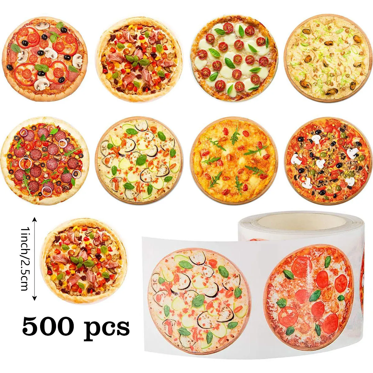 500PCS 2.5cm Pizza Stickers Roll, Delicious Italian Food Decals for Kids Party, Scrapbooking and Reward Gifts