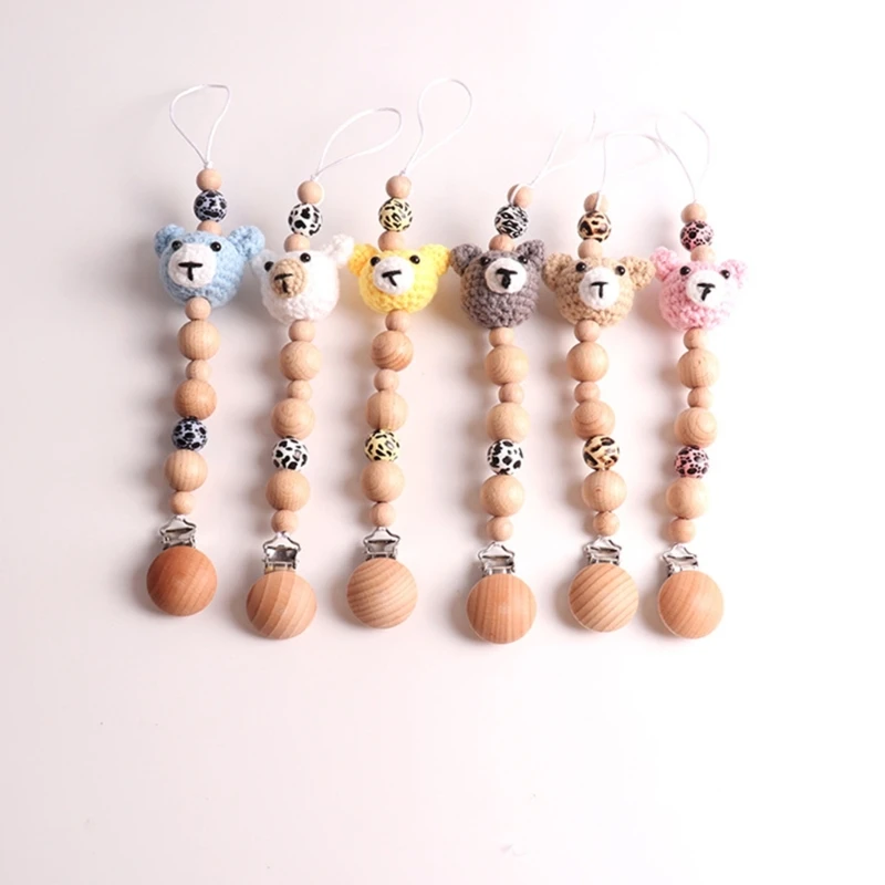 New Design Crochet Bear Baby Pacifier Clips BPA Free Beech Wood Beads Dummy Nipple Clip Holder Anti-drop Appease Soother Chain