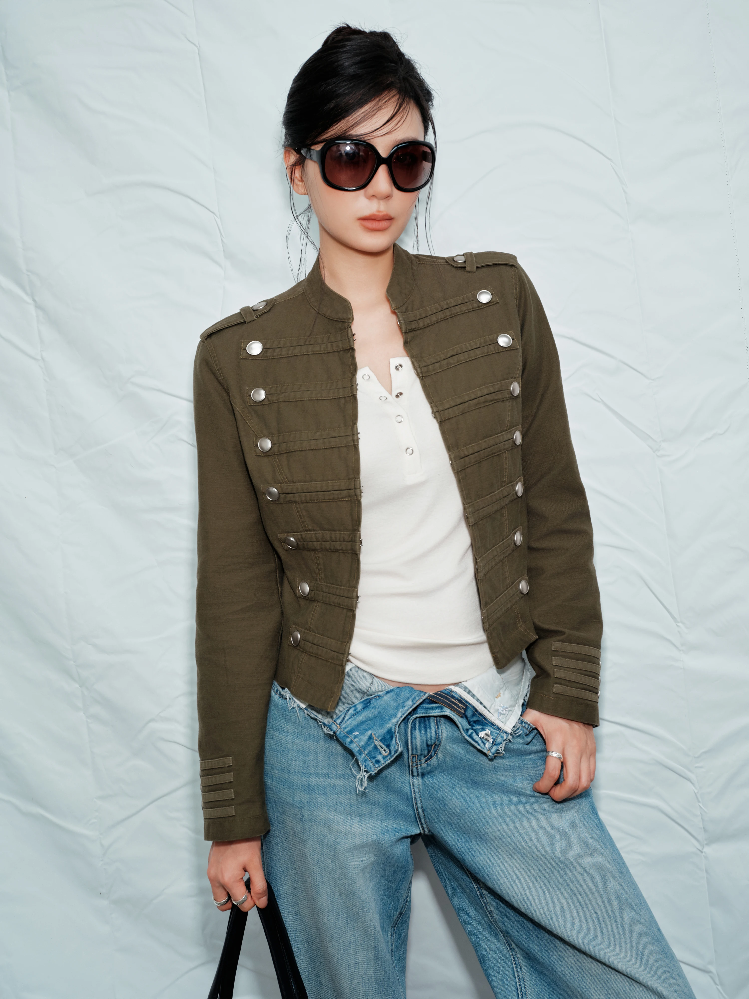ZhouMiao Retro Napoleon Pure Cotton Double Row Metal Buckle Short Collar Jacket Women's Autumn Fashion Commute Style Standard...