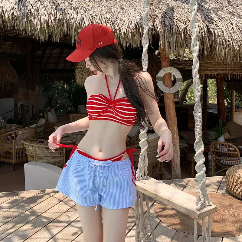 Retro Striped Halter Bikini Women Niche Style Spa Vacation Swimwear