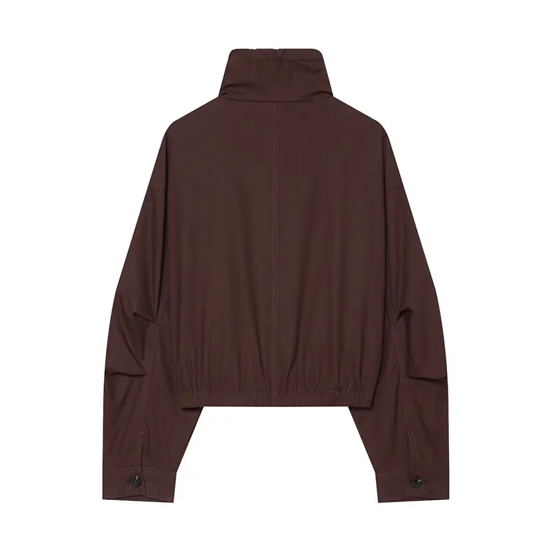 NLZGMSJ 2026 Autumn Women Drawstring Stand Collar Cropped Jacket Long Sleeve Pocket Elastic Hem Loose Cargo Casual Outerwear