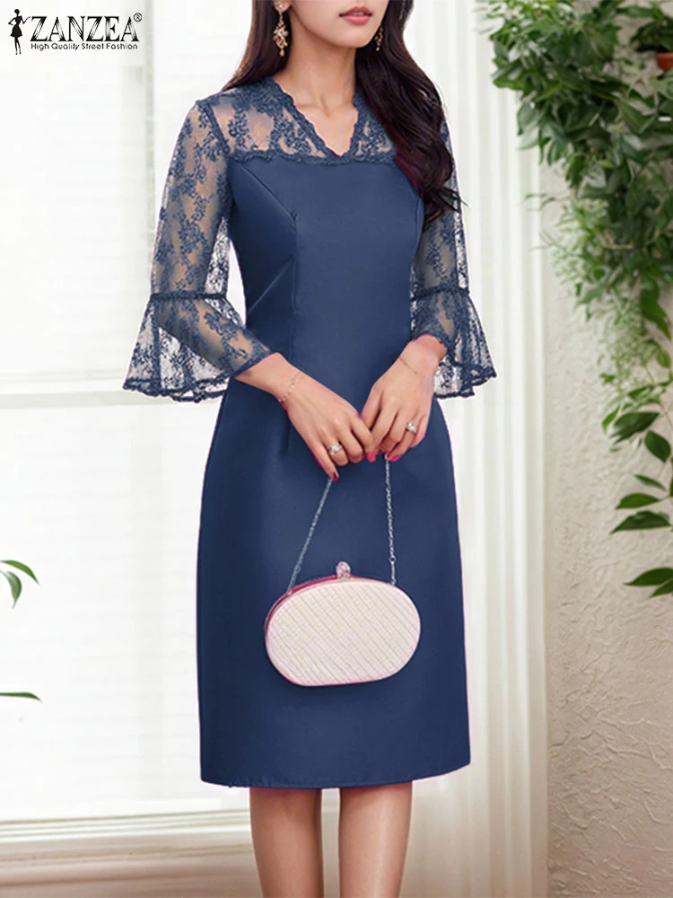 ZANZEA Elegant Fashion Sheer Dresses Shiny Satin V-Neck Lace Patchwork Womens Vestidos 3/4 Flared Sleeve Slim Knee-Length Robes